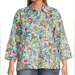John Mark 2X Embroidered Floral Multicolored Linen Capri‎ Blouse Shirt Plus NWT